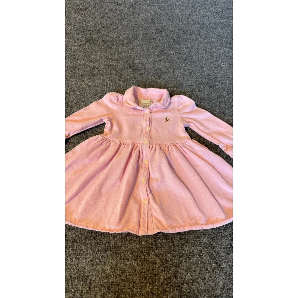 Ralph Lauren Baby Girls Pink Cotton Pique Polo Button Front Dress 9M Long Sleeve
